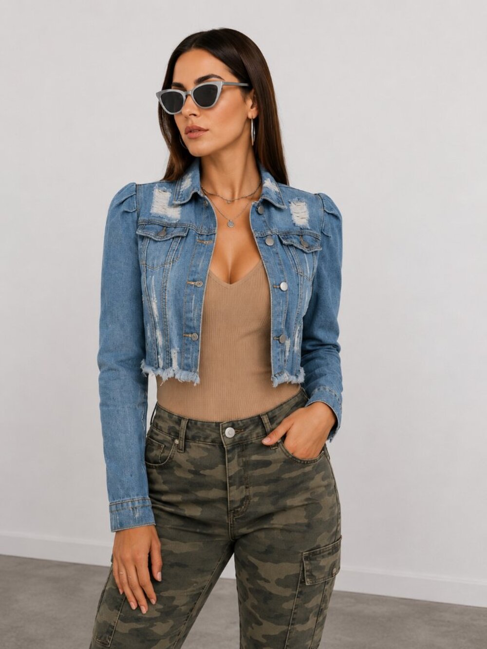Distressed Cropped Denim Jacket Puff Sleeve Y2K Jean Jacket NWT